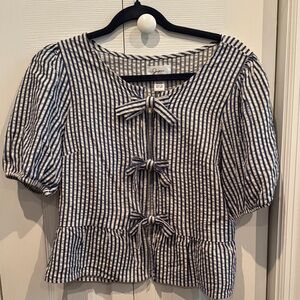 Navy and White Striped Blouse with Bow Details Sz L
